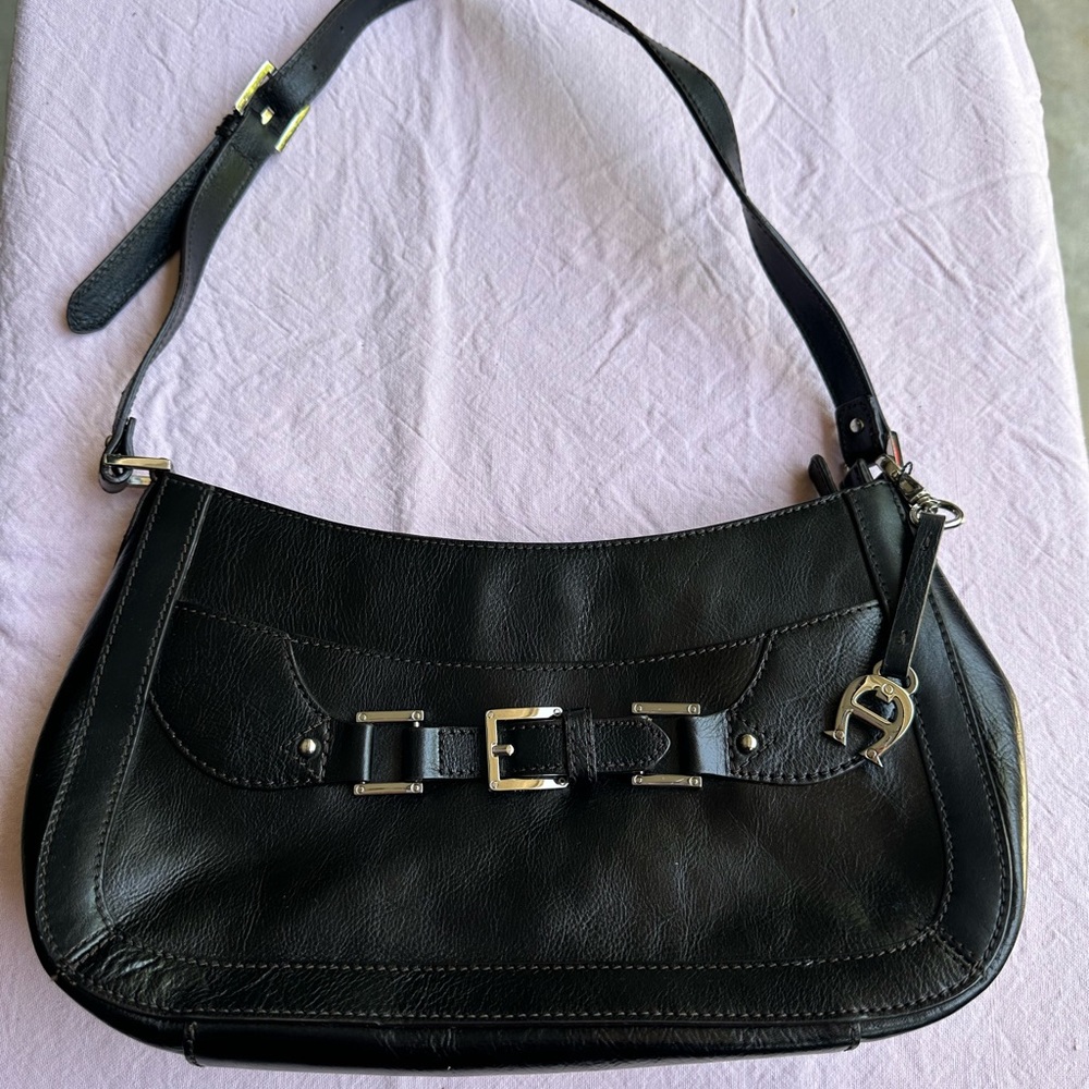 Etienne Aigner Black Leather Shoulder Bag with Gold Hardware